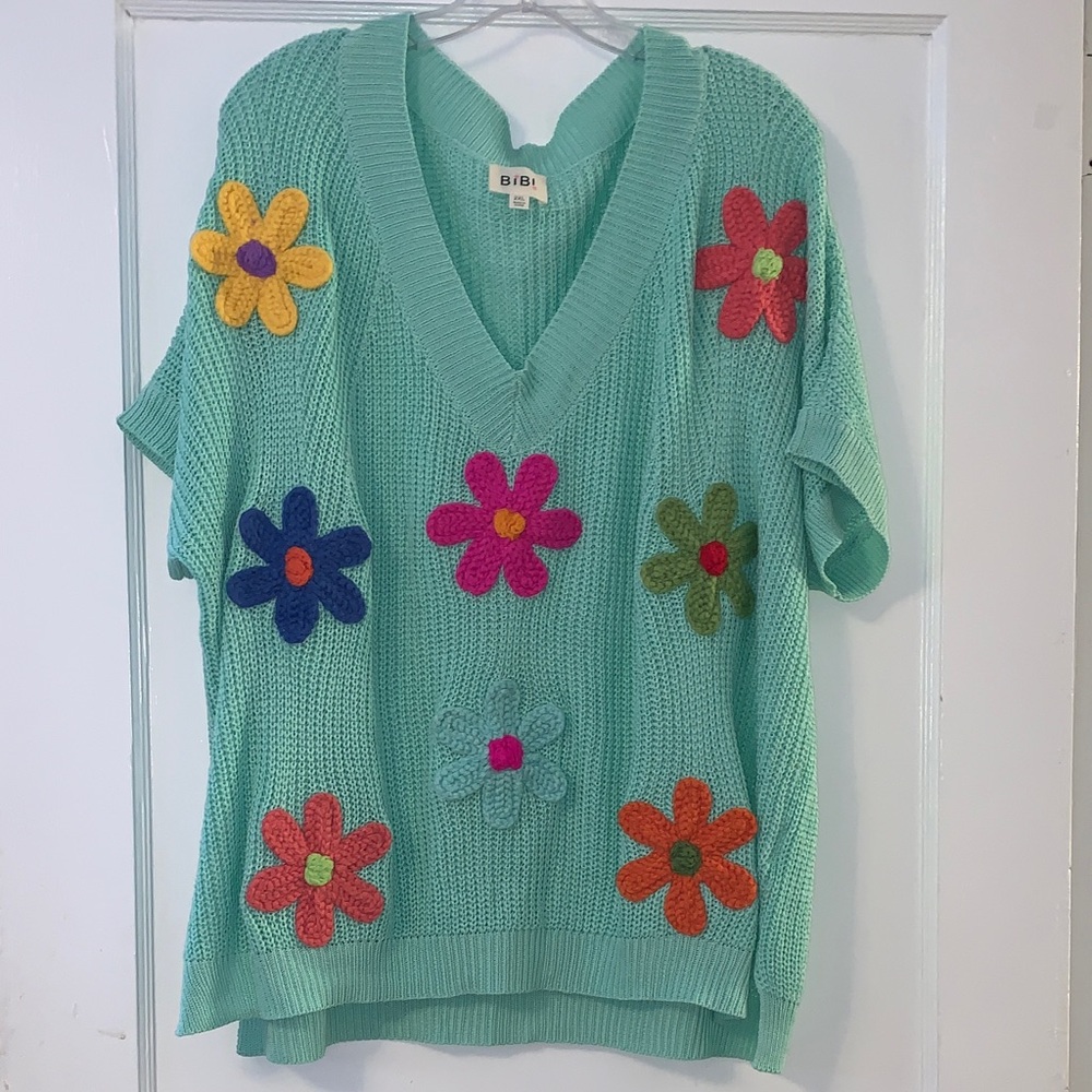 BiBi Teal Crochet Style Top with Colorful Floral Accents